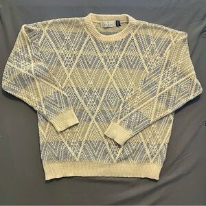 Vintage Bill Blass Men’s Cream Textured Geometric Pattern Knit Sweater Sz Large